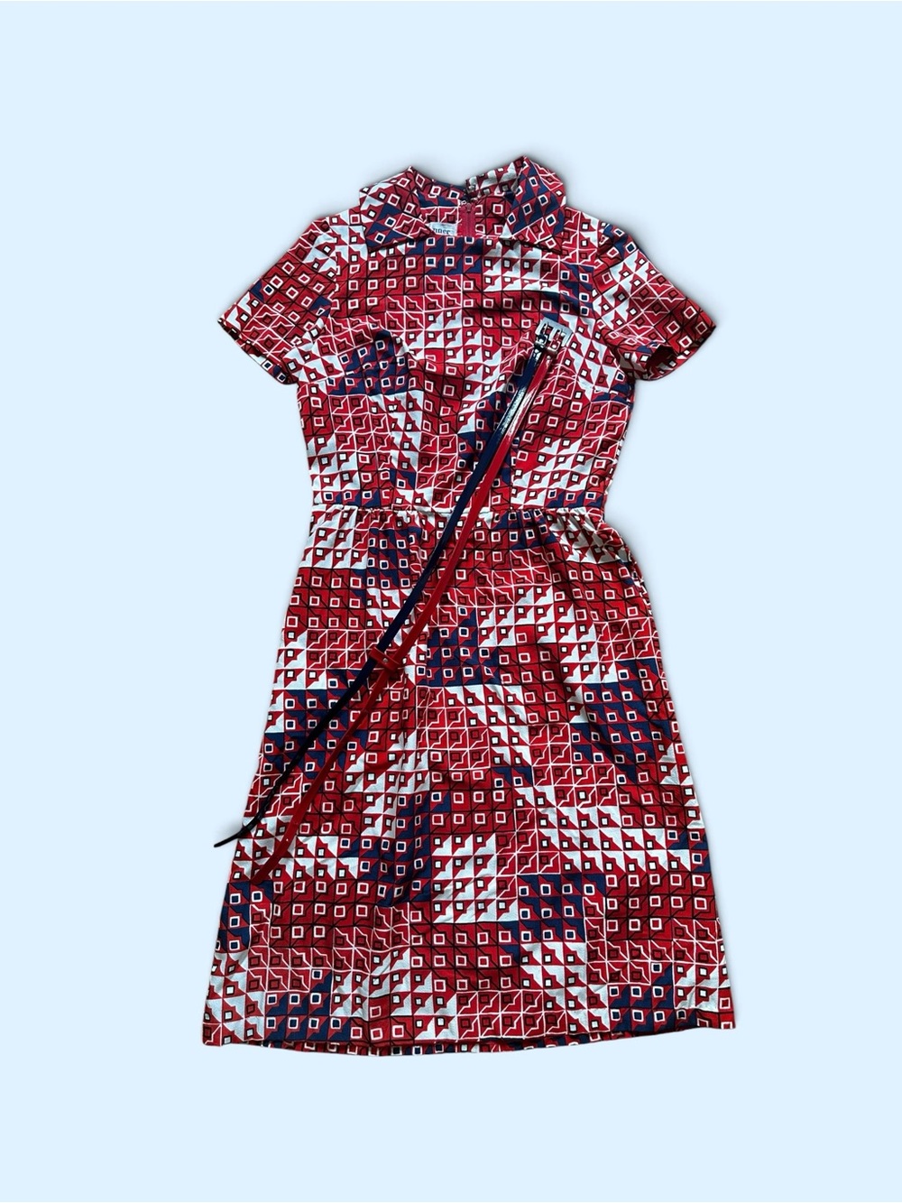 Vintage 1970s Red, white and blue graphic MCM Short Sleeve Dress with belt